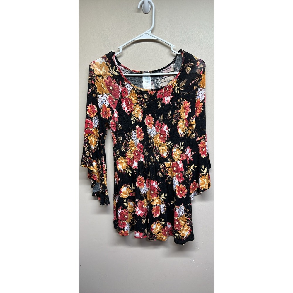 70s Style Flower Power Smocked Bodice Blouse Boho Hippie Bell Sleeve‎ Time & Tru